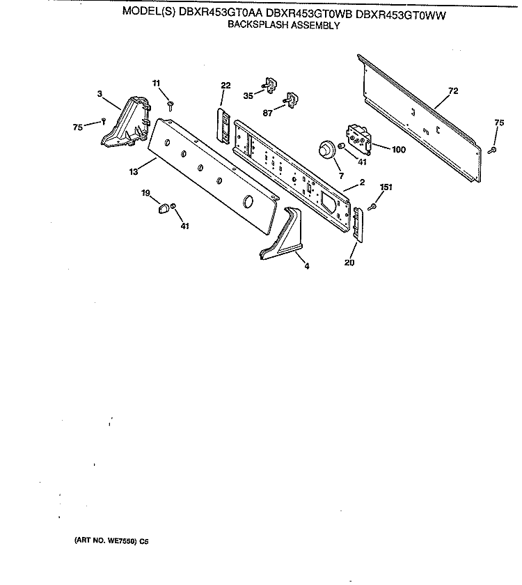 BACKSPLASH ASSEMBLY Diagram and Parts List for DBXR453GT0WB  General Electric Dryer