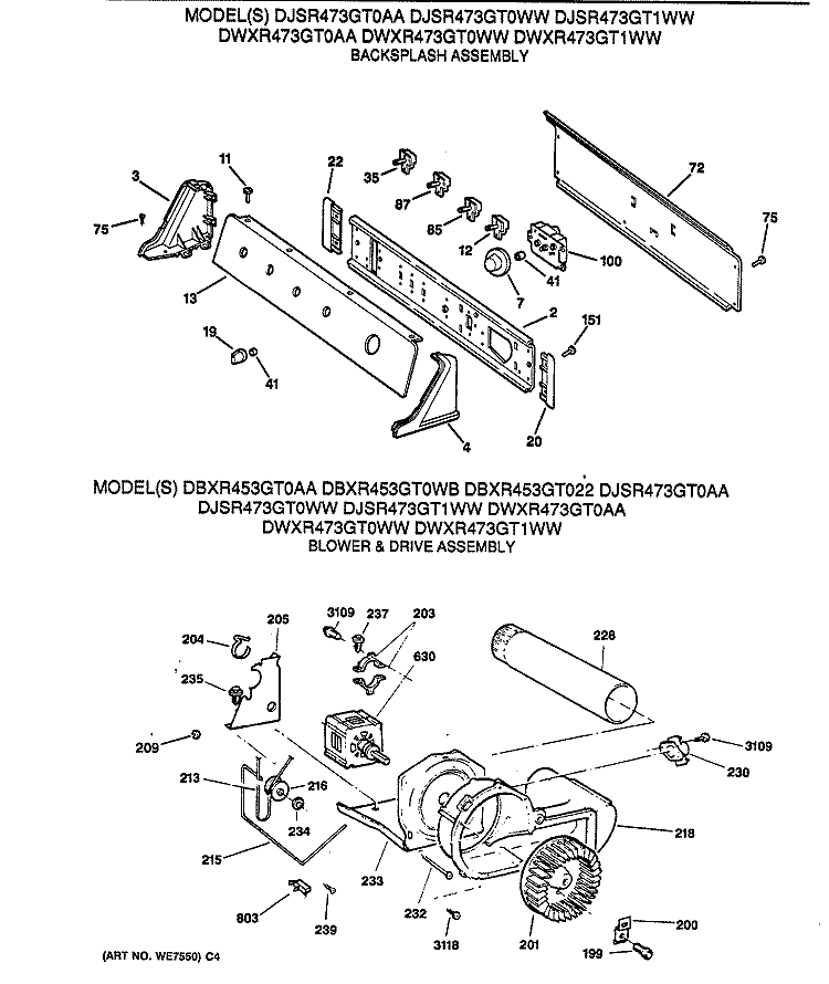 BACKSPLASH ASSEMBLY Diagram and Parts List for DBXR453GT0WB  General Electric Dryer