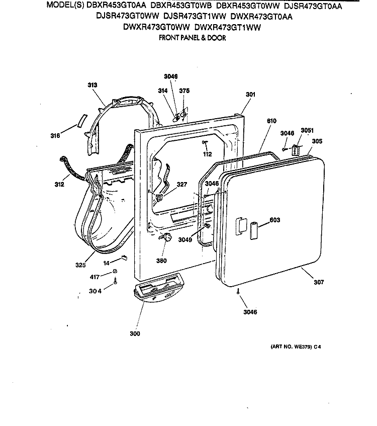 FRONT PANEL & DOOR Diagram and Parts List for DBXR453GT0WB  General Electric Dryer