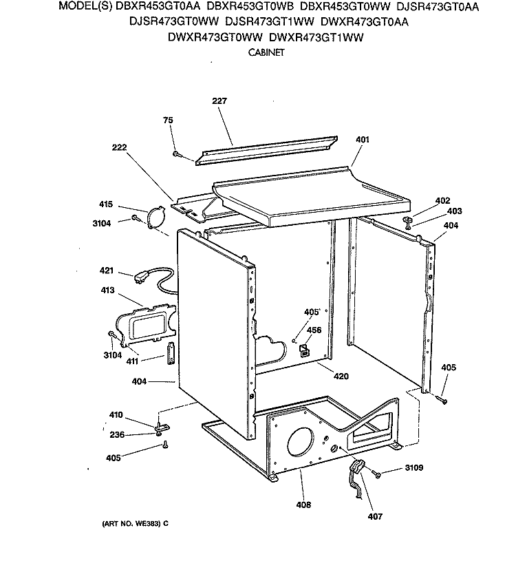 CABINET Diagram and Parts List for DBXR453GT0WB  General Electric Dryer