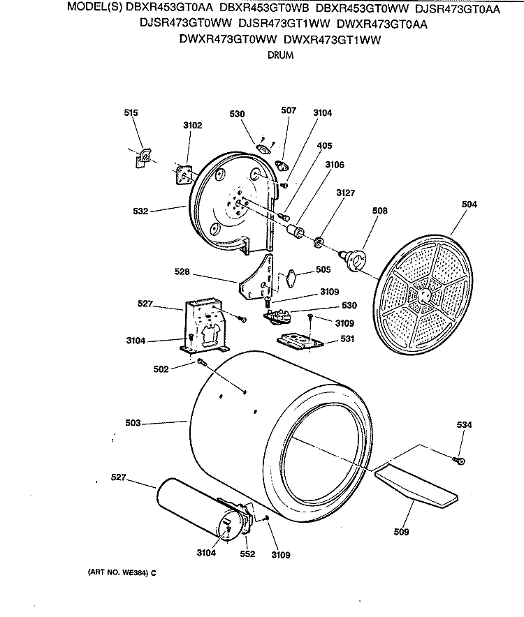 DRUM Diagram and Parts List for DBXR453GT0WB  General Electric Dryer