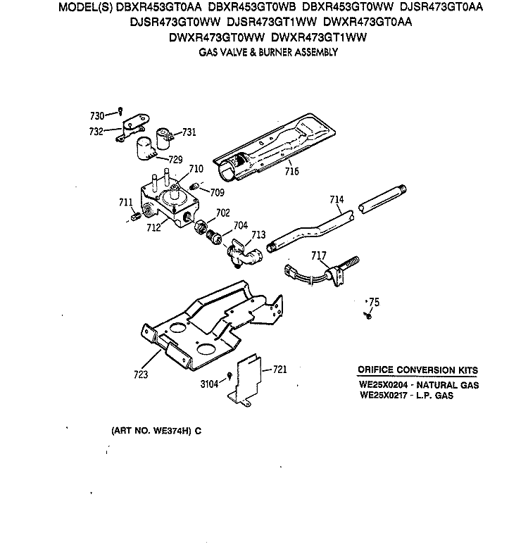 GAS VALVE & BURNER ASSEMBLY Diagram and Parts List for DBXR453GT0WB  General Electric Dryer