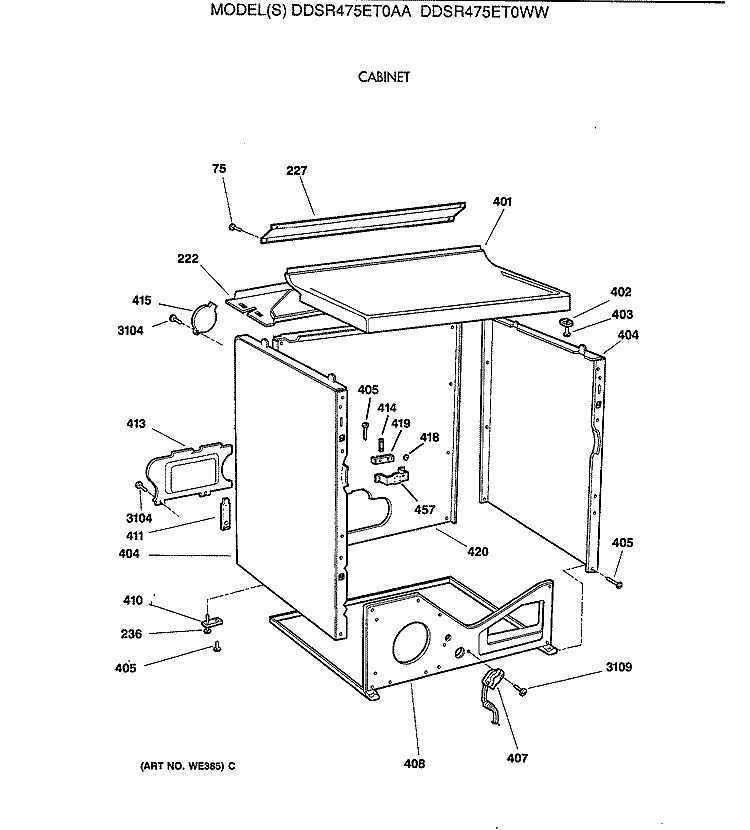 CABINET Diagram and Parts List for DDSR475ET0WW  General Electric Dryer