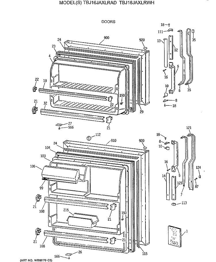 DOORS Diagram and Parts List for TBJ16JAXLRAD  General Electric Refrigerator