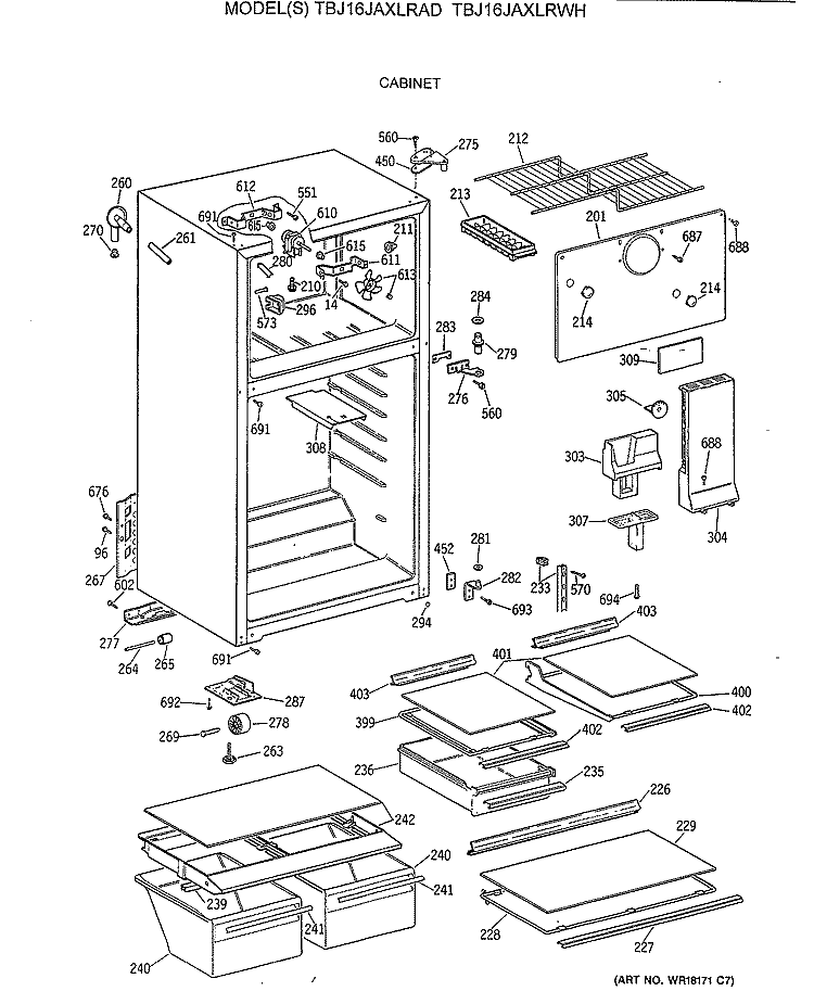 CABINET Diagram and Parts List for TBJ16JAXLRAD  General Electric Refrigerator