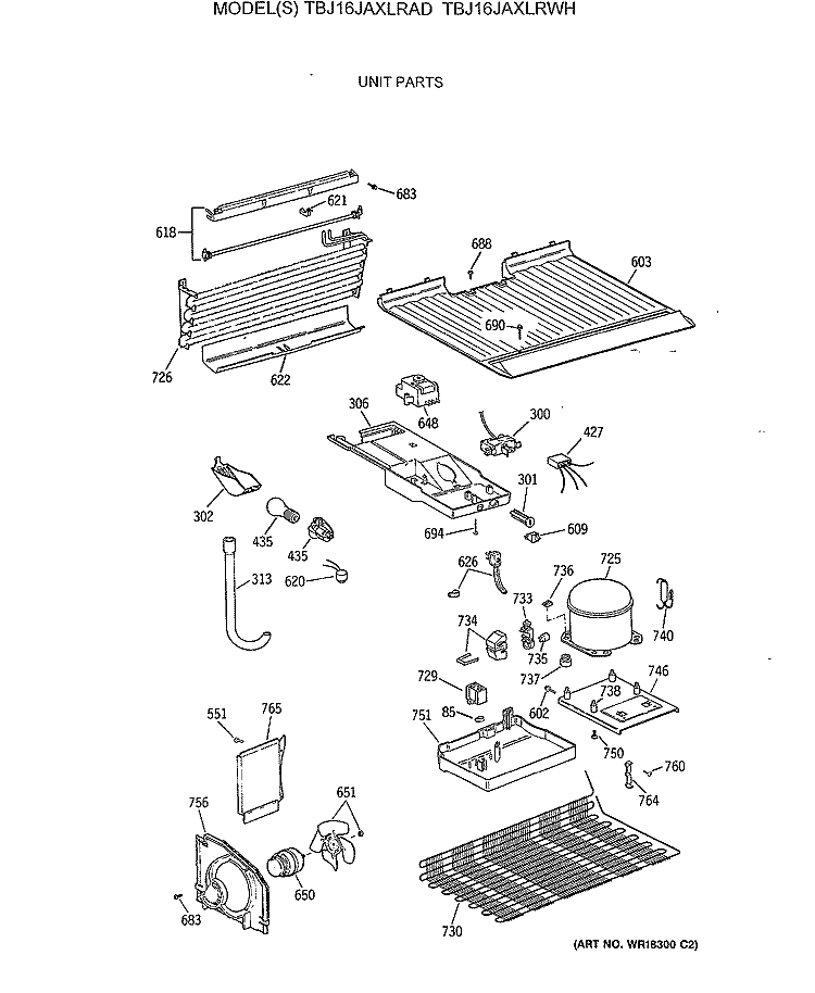 UNIT PARTS Diagram and Parts List for TBJ16JAXLRAD  General Electric Refrigerator