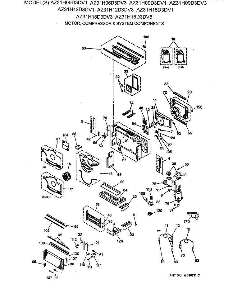 MOTOR, COMPRESSOR & SYSTEM COMPONENTS Diagram and Parts List for AZ31H15D3DV5  General Electric Air Conditioner