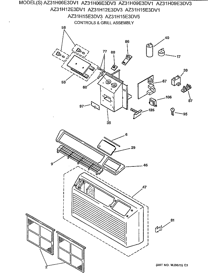 CONTROLS & GRILL ASSEMBLY Diagram and Parts List for AZ31H06E3DV3  General Electric Air Conditioner