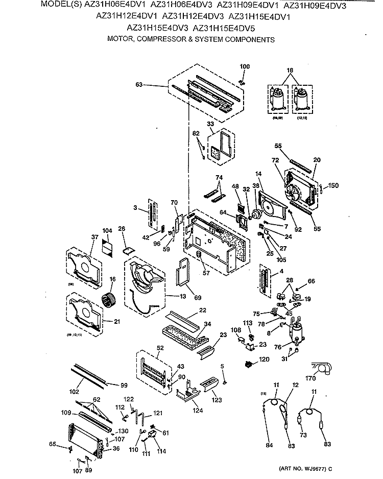 MOTOR, COMPRESSOR & SYSTEM COMPONENTS Diagram and Parts List for AZ31H06E4DV1  General Electric Air Conditioner
