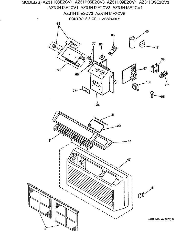 CONTROLS & GRILL ASSEMBLY Diagram and Parts List for AZ31H06E2CV1  General Electric Air Conditioner