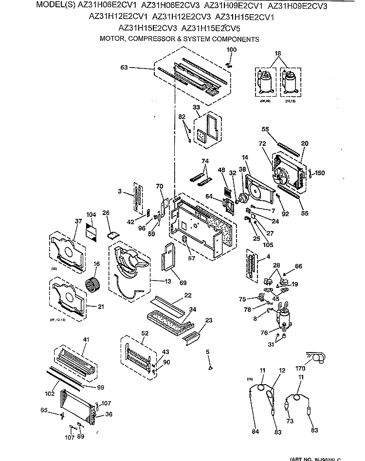 MOTOR, COMPRESSOR & SYSTEM COMPONENTS Diagram and Parts List for AZ31H06E2CV1  General Electric Air Conditioner