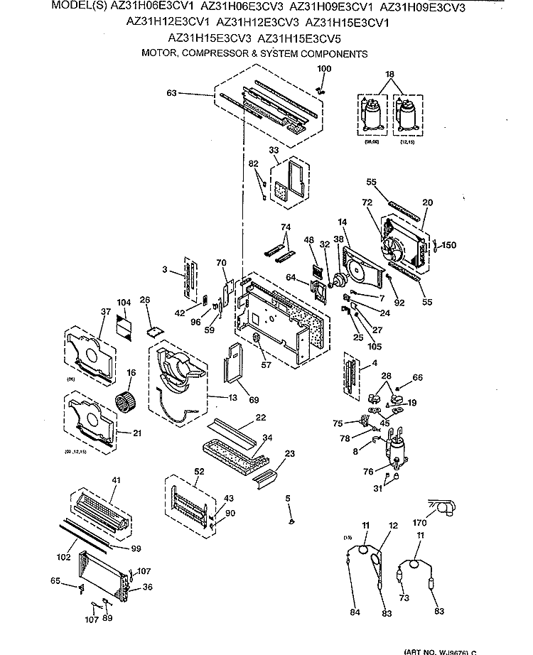 MOTOR, COMPRESSOR & SYSTEM COMPONENTS Diagram and Parts List for AZ31H06E3CV1  General Electric Air Conditioner