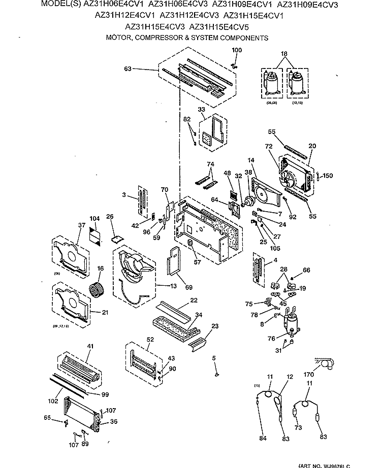 MOTOR, COMPRESSOR & SYSTEM COMPONENTS Diagram and Parts List for AZ31H06E4CV1  General Electric Air Conditioner