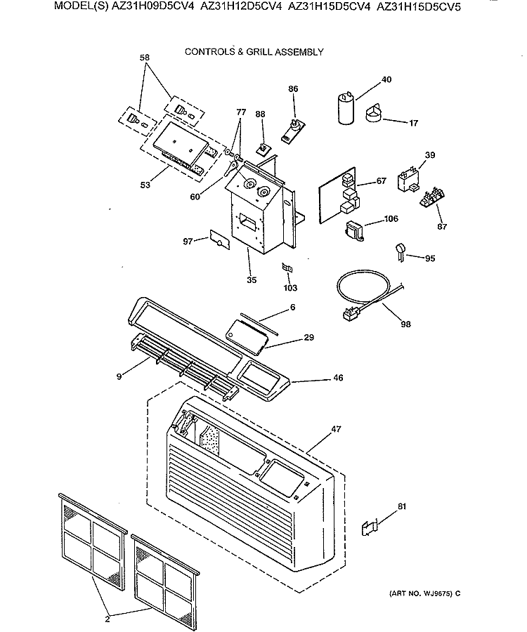 CONTROLS & GRILL ASSEMBLY Diagram and Parts List for AZ31H12D5CV4  General Electric Air Conditioner