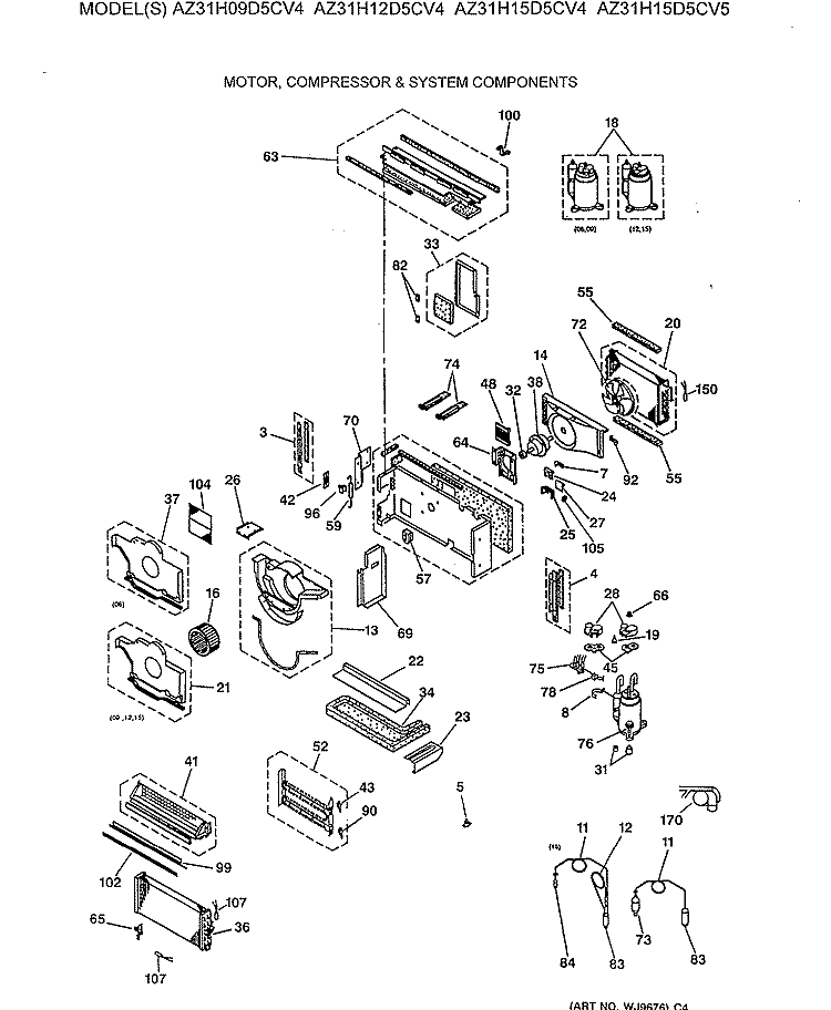 MOTOR, COMPRESSOR & SYSTEM COMPONENTS Diagram and Parts List for AZ31H12D5CV4  General Electric Air Conditioner