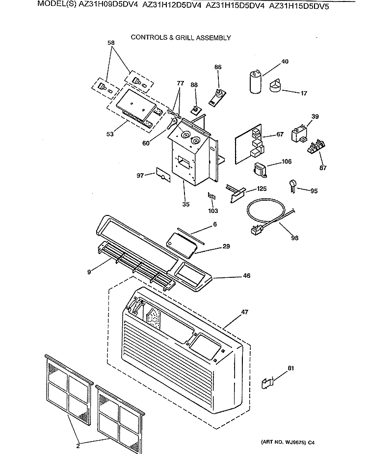 CONTROLS & GRILL ASSEMBLY Diagram and Parts List for AZ31H12D5DV4  General Electric Air Conditioner