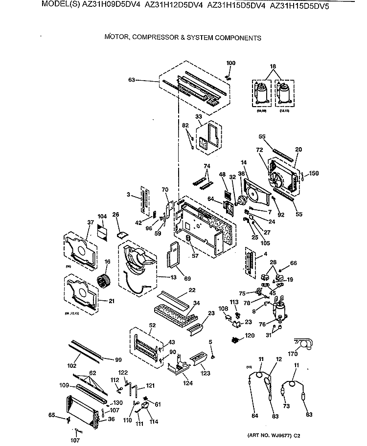MOTOR, COMPRESSOR & SYSTEM COMPONENTS Diagram and Parts List for AZ31H12D5DV4  General Electric Air Conditioner