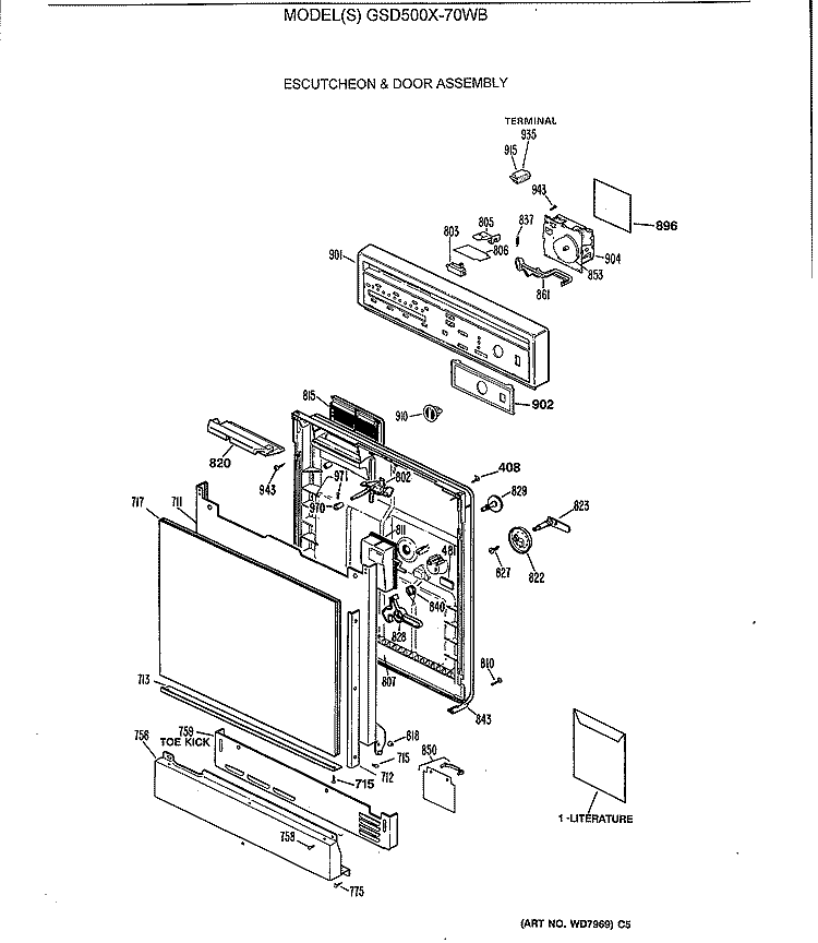 ESCUTCHEON & DOOR ASSEMBLY Diagram and Parts List for GSD500X-70WB  General Electric Dishwasher