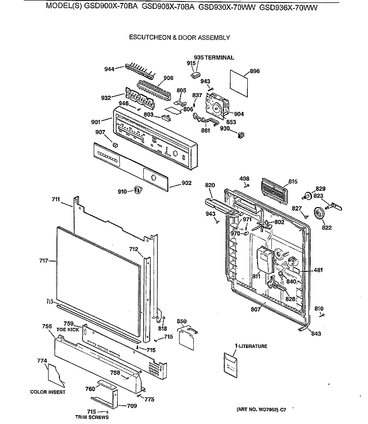 ESCUTCHEON & DOOR ASSEMBLY Diagram and Parts List for GSD900X-70BA  General Electric Dishwasher