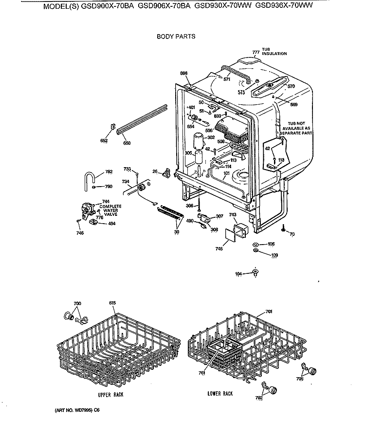 BODY PARTS Diagram and Parts List for GSD900X-70BA  General Electric Dishwasher