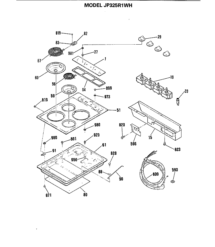 Section Diagram and Parts List for JP325R1WH  General Electric Cooktop