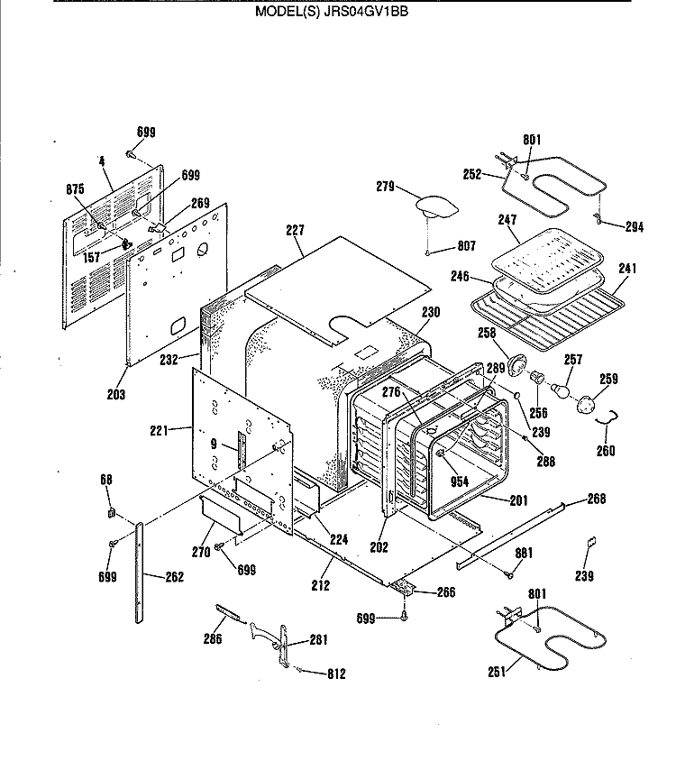 Section Diagram and Parts List for JRS04GV1BB  General Electric Wall Oven