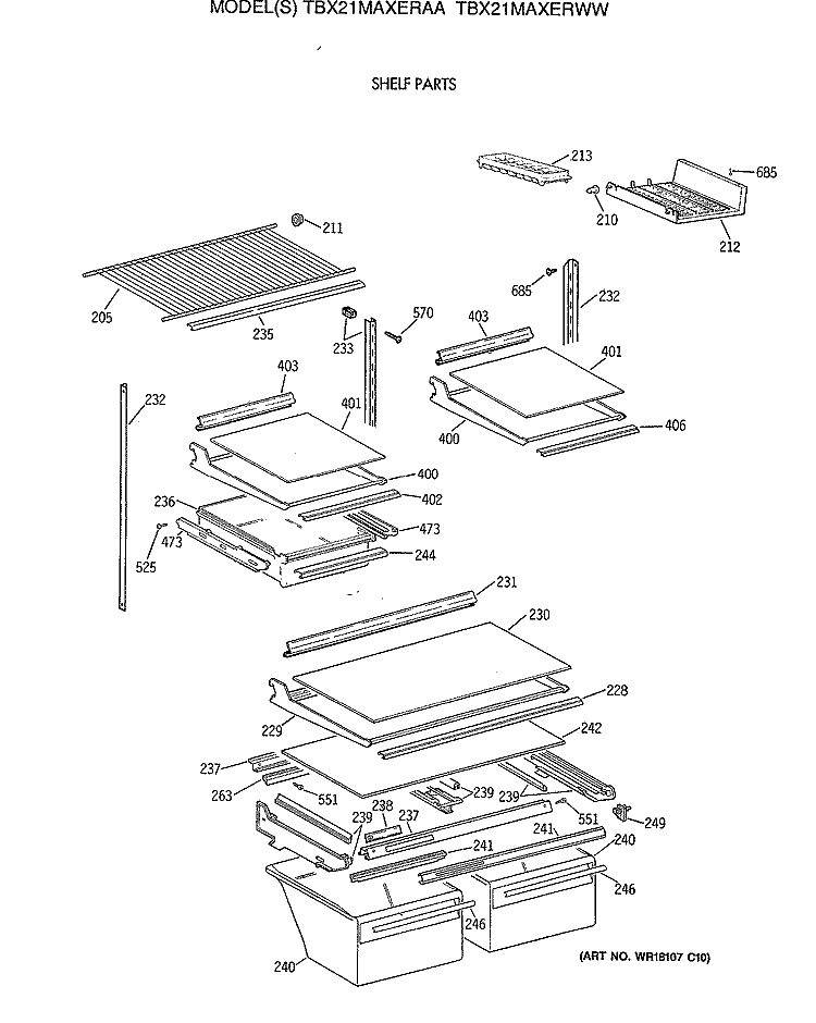 SHELF PARTS Diagram and Parts List for TBX21MAXERWW  General Electric Refrigerator