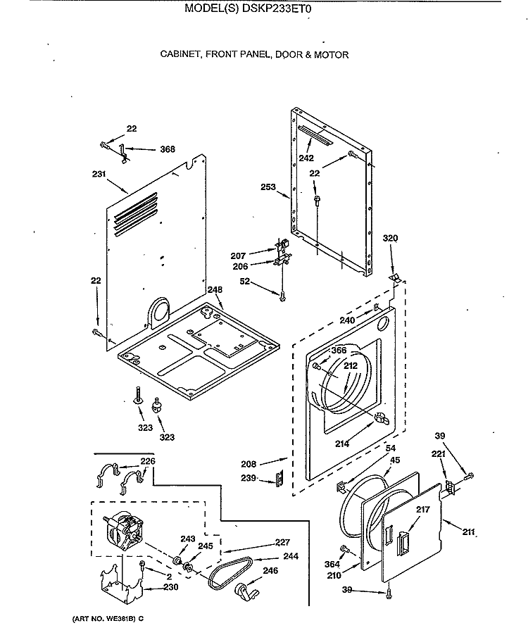 CABINET, FRONT PANEL, DOOR & MOTOR Diagram and Parts List for DSKP233ET0  General Electric Dryer