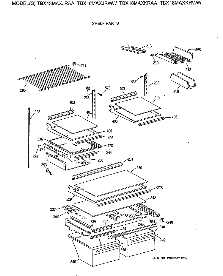 SHELF PARTS Diagram and Parts List for TBX18MAXKRWW  General Electric Refrigerator