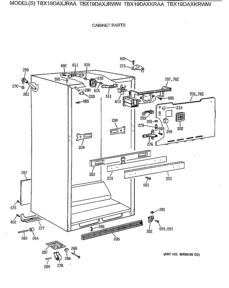 CABINET PARTS Diagram and Parts List for TBX19DAXKRWW  General Electric Refrigerator