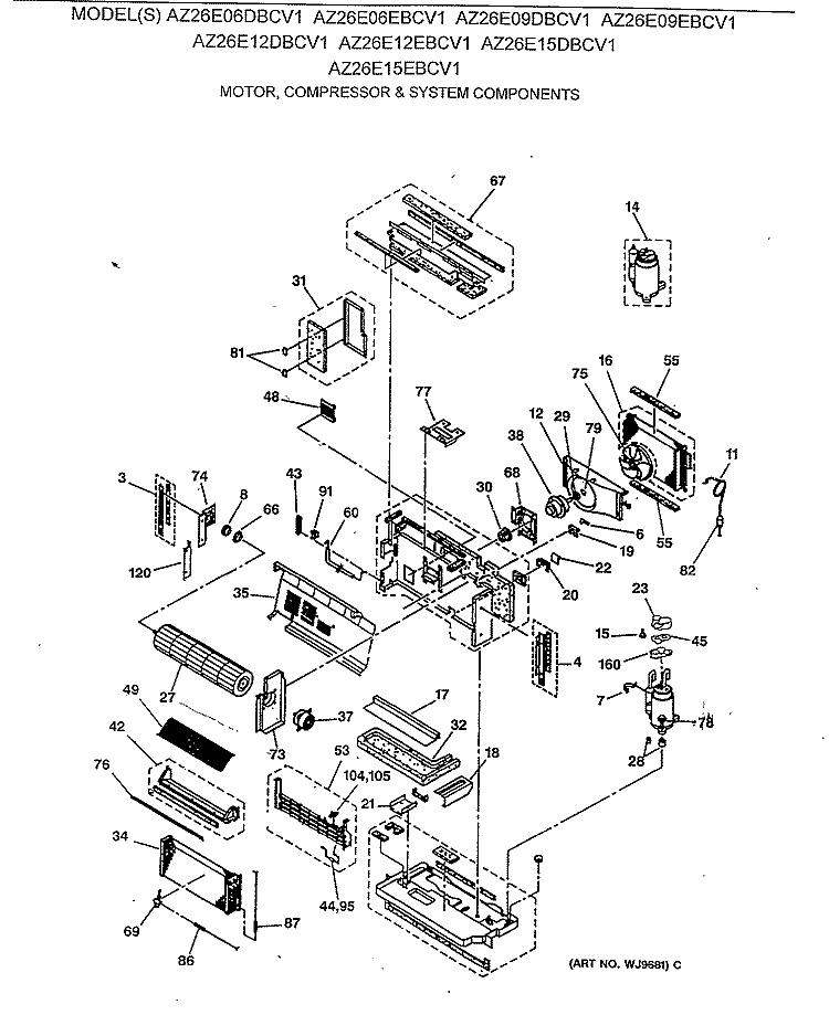 MOTOR, COMPRESSOR & SYSTEM COMPONENTS Diagram and Parts List for AZ26E06EBCV1  General Electric Air Conditioner