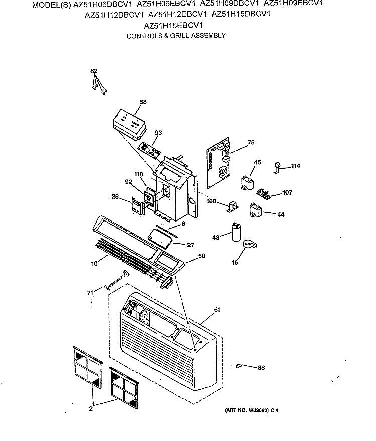 CONTROLS & GRILL ASSEMBLY Diagram and Parts List for AZ51H06DBCV1  General Electric Air Conditioner