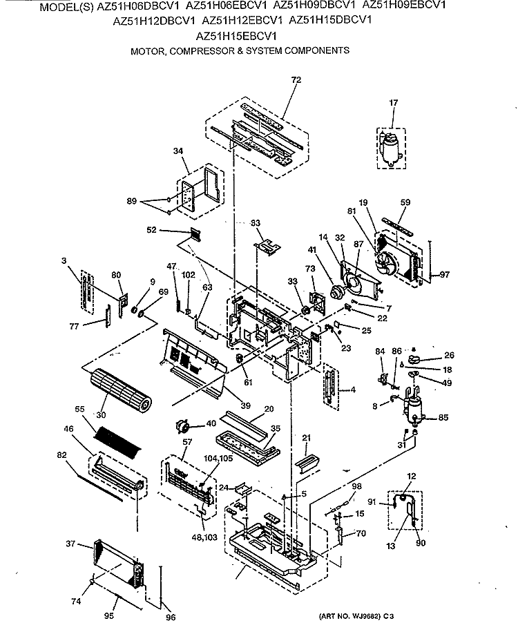 MOTOR, COMPRESSOR & SYSTEM COMPONENTS Diagram and Parts List for AZ51H06DBCV1  General Electric Air Conditioner
