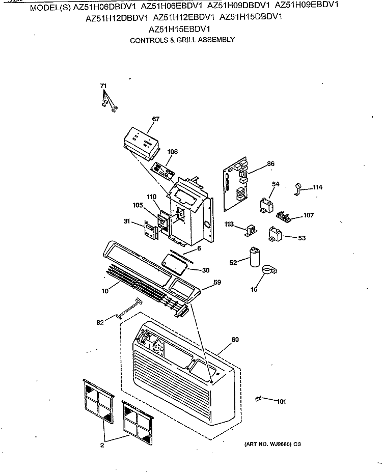 CONTROLS & GRILL ASSEMBLY Diagram and Parts List for AZ51H06DBDV1  General Electric Air Conditioner