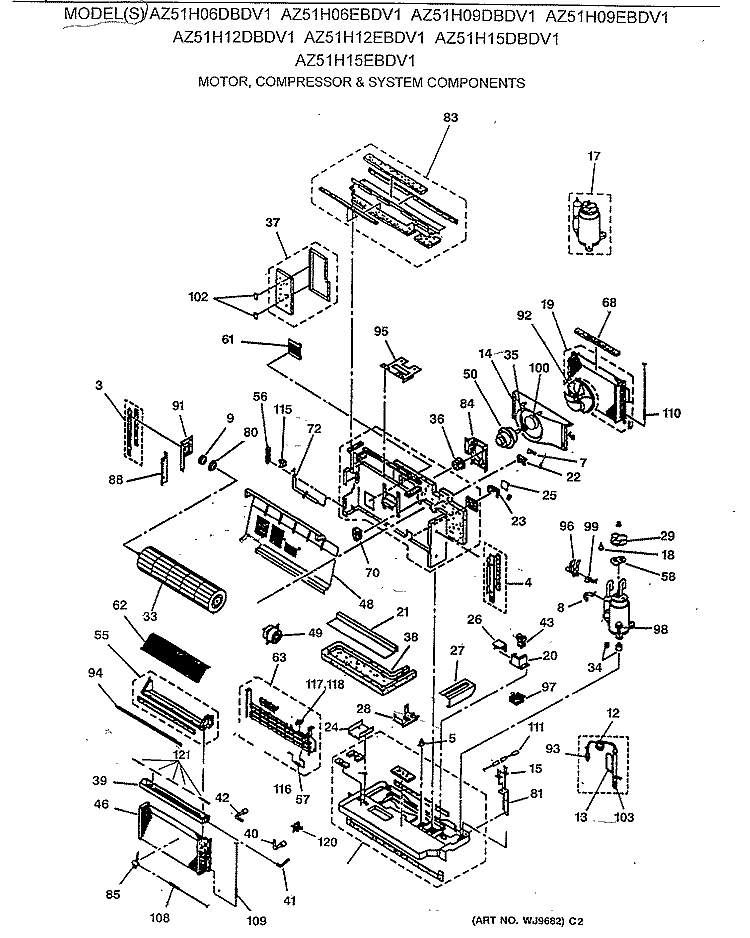 MOTOR, COMPRESSOR & SYSTEM COMPONENTS Diagram and Parts List for AZ51H06DBDV1  General Electric Air Conditioner