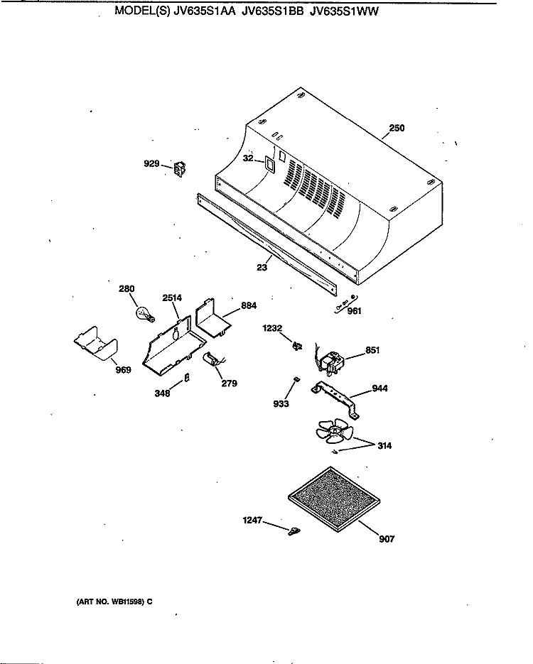 Section Diagram and Parts List for JV635S1AA  General Electric Range Hood