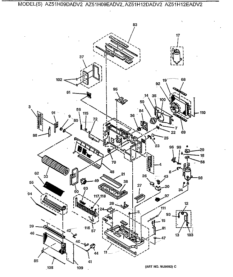 Section Diagram and Parts List for AZ51H12EADV2  General Electric Air Conditioner