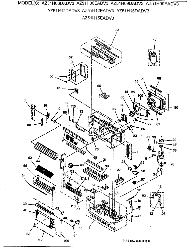 Section Diagram and Parts List for AZ51H06DADV3  General Electric Air Conditioner