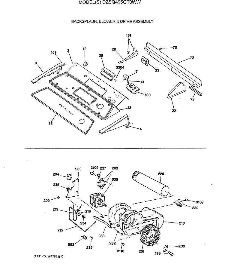 BACKSPLASH, BLOWER & DRIVE ASSEMBLY Diagram and Parts List for DZSQ495GT0WW  General Electric Dryer