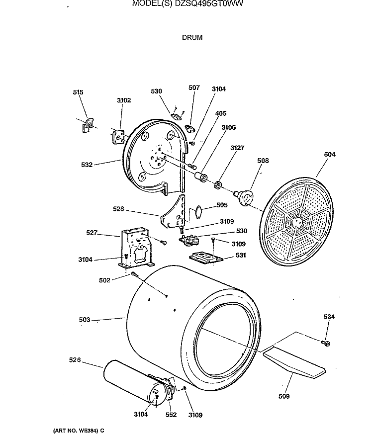 DRUM Diagram and Parts List for DZSQ495GT0WW  General Electric Dryer