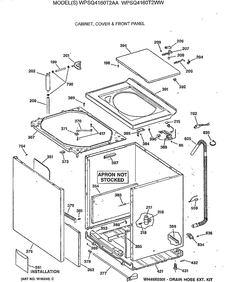 CABINET, COVER & FRONT PANEL Diagram and Parts List for WPSQ4160T2AA  General Electric Washer
