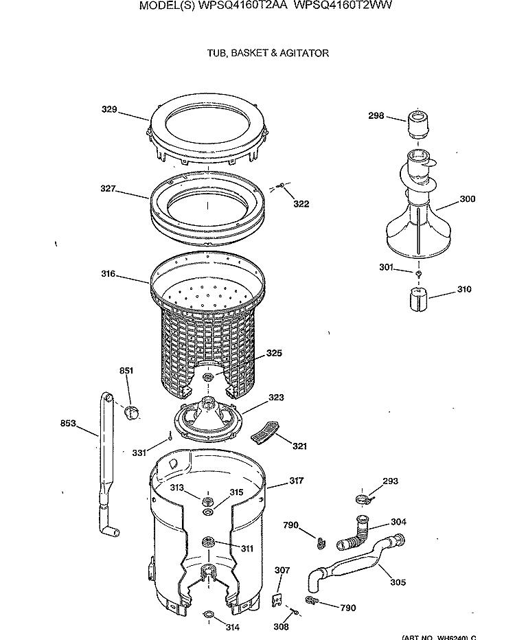 TUB, BASKET & AGITATOR Diagram and Parts List for WPSQ4160T2AA  General Electric Washer