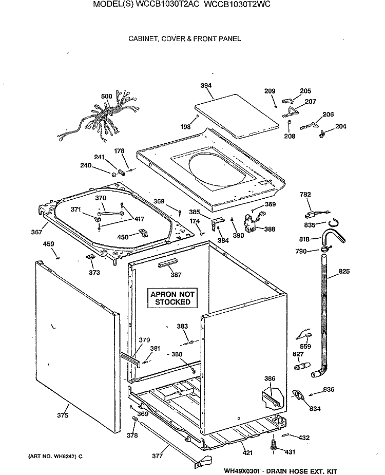 CABINET, COVER & FRONT PANEL Diagram and Parts List for WCCB1030T2AC  General Electric Washer