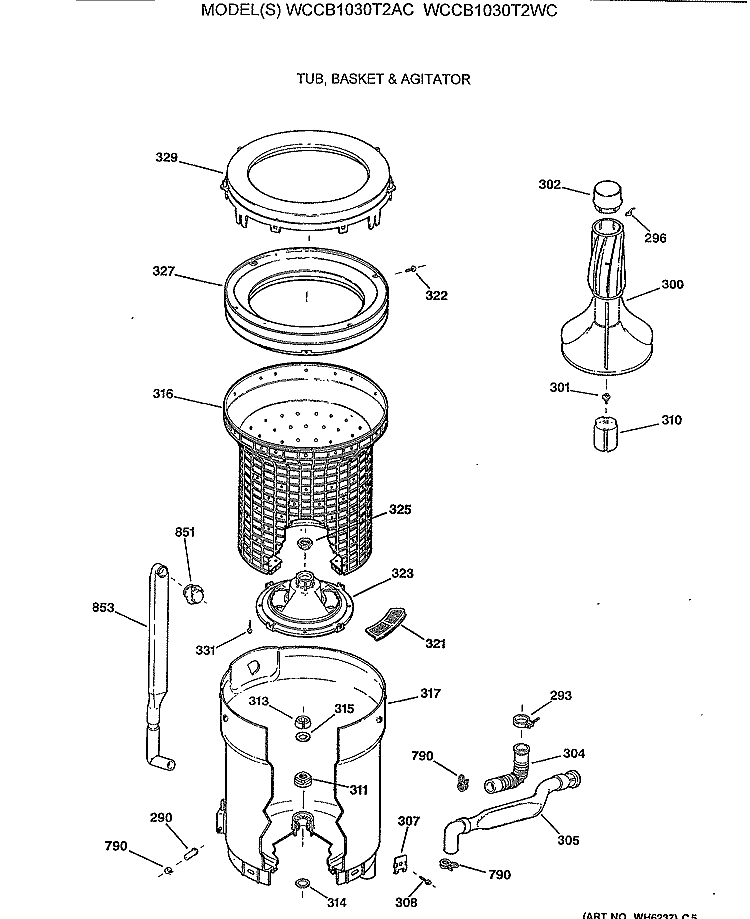 TUB, BASKET & AGITATOR Diagram and Parts List for WCCB1030T2AC  General Electric Washer