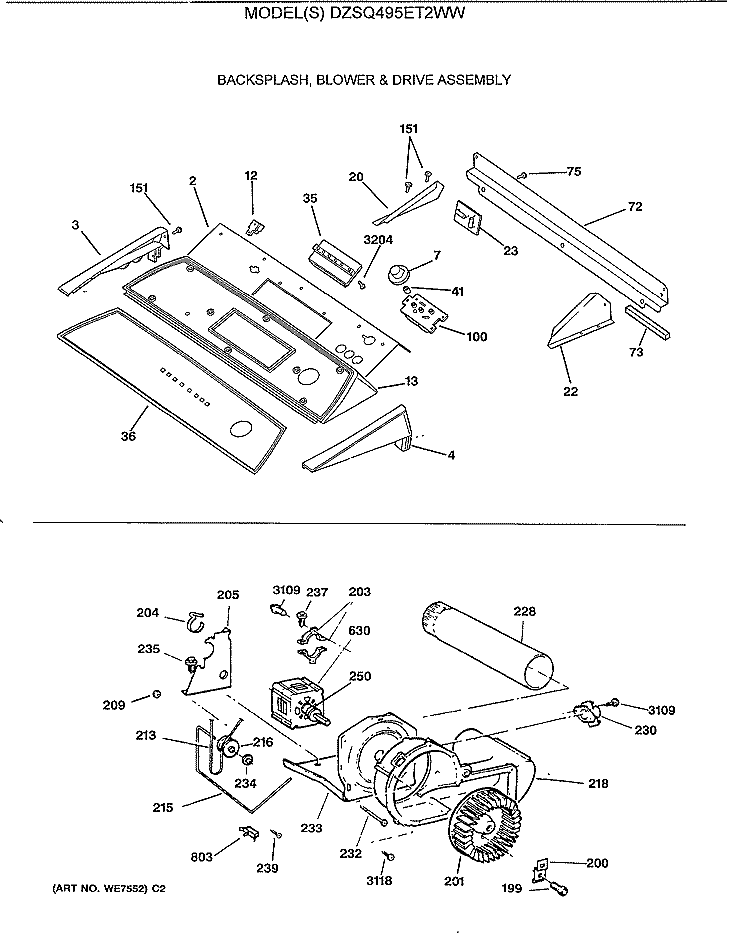 BACKSPLASH, BLOWER & DRIVE ASSEMBLY Diagram and Parts List for DZSQ495ET2WW  General Electric Dryer