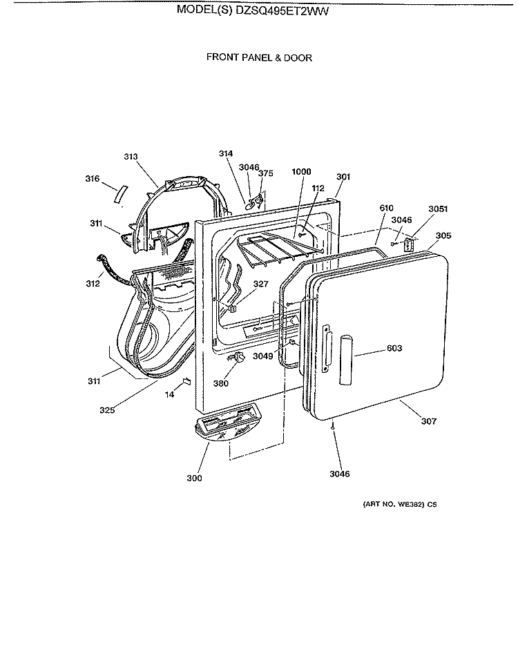 FRONT PANEL & DOOR Diagram and Parts List for DZSQ495ET2WW  General Electric Dryer
