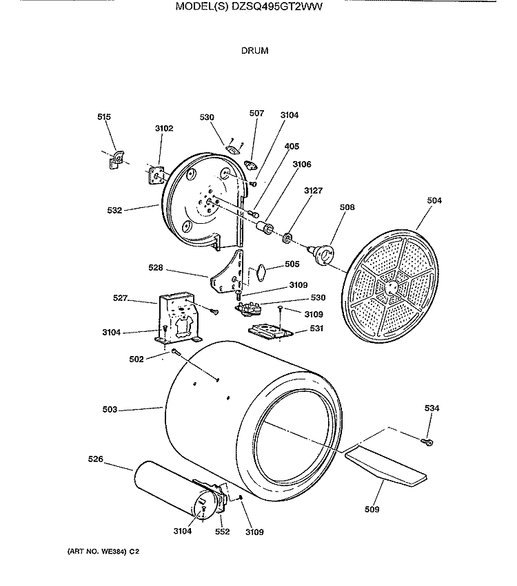 DRUM Diagram and Parts List for DZSQ495GT2WW  General Electric Dryer