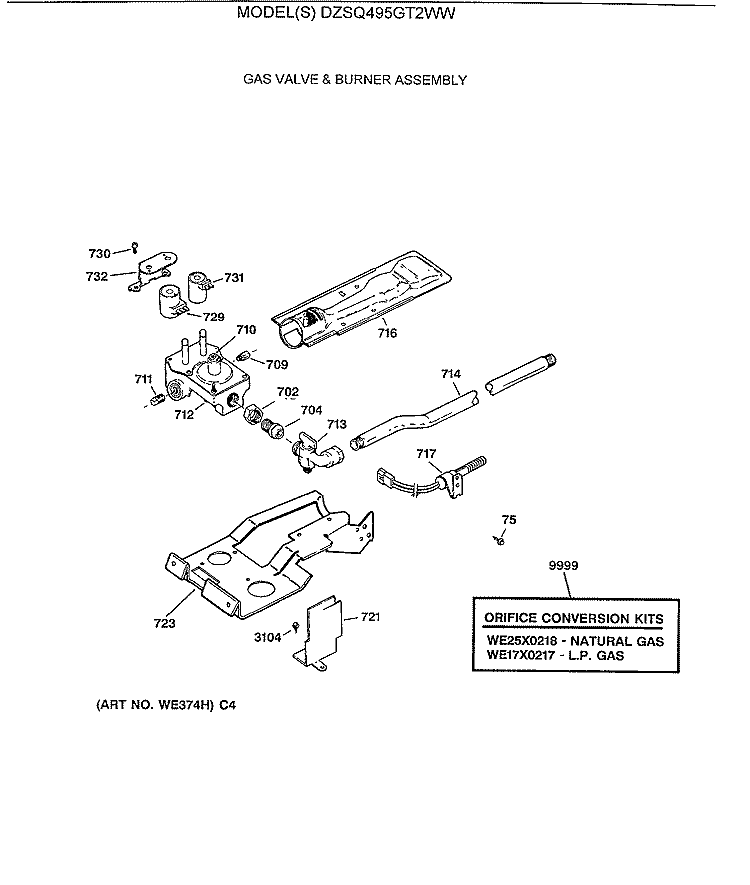 GAS VALVE & BURNER ASSEMBLY Diagram and Parts List for DZSQ495GT2WW  General Electric Dryer