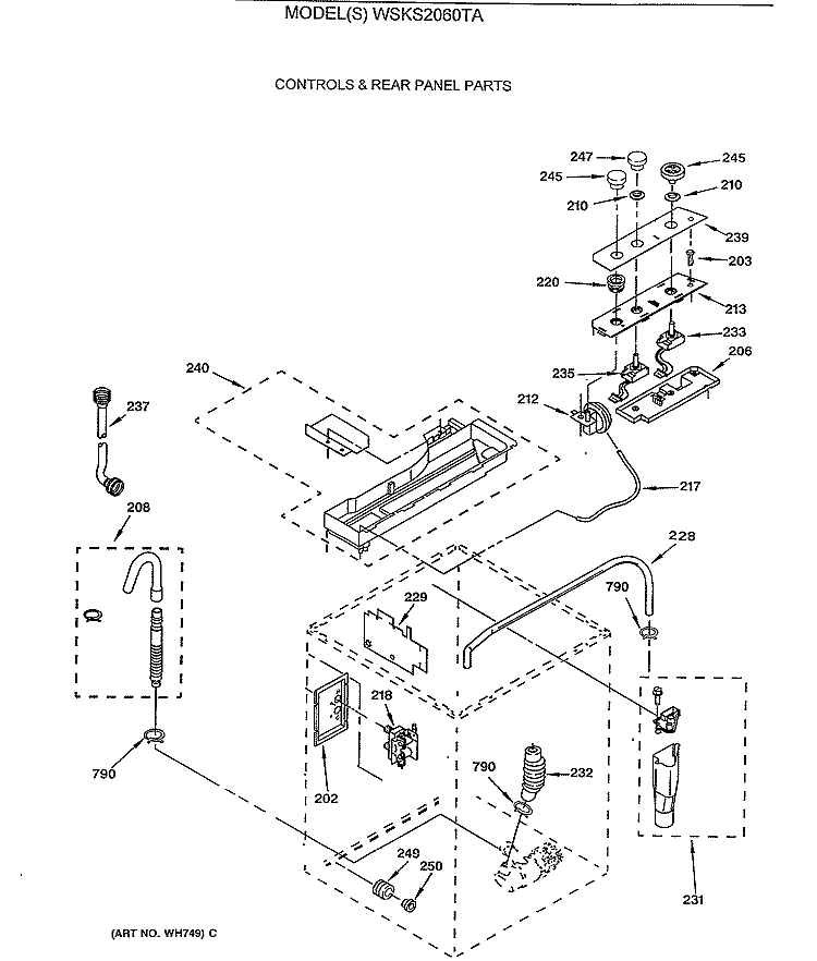 CONTROLS & REAR PANEL PARTS Diagram and Parts List for WSKS2060TA  General Electric Washer