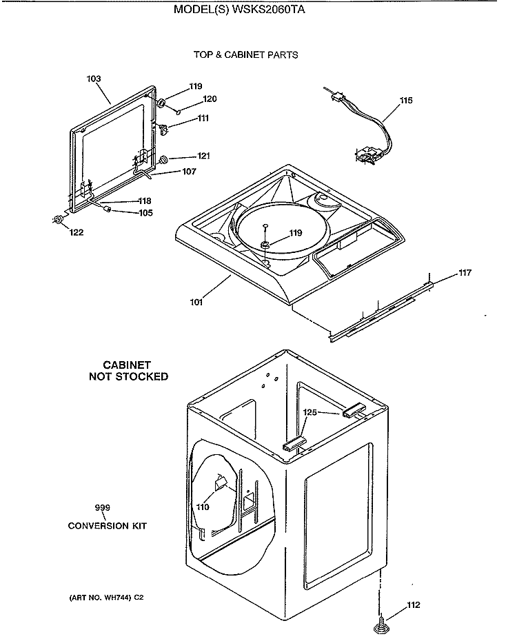 TOP & CABINET PARTS Diagram and Parts List for WSKS2060TA  General Electric Washer